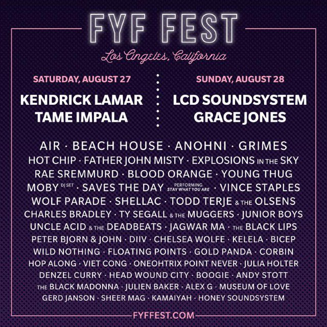 consequence's tweet photo. FYF Fest reveals 2016 lineup: Kendrick Lamar, LCD Soundsystem, Tame Impala, and much more https://t.co/sfsTZlyZmd https://t.co/EMQvqpLhfh