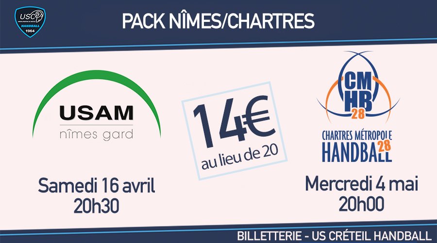 USCreteilHB's tweet photo. BILLETTERIE - Pack Nîmes/Chartres à 14€ au lieu de 20 https://t.co/grPcPWBlyt https://t.co/rItKahNx66
