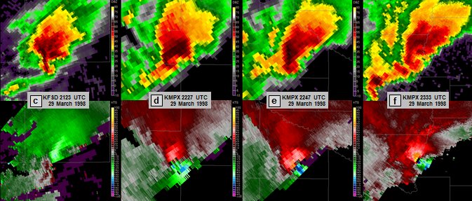 NWSTwinCities's tweet photo. Today is the 18th anniversary of the Comfrey/St. Peter Tornado of 1998. Radar archive at peak strength (up to F4): https://t.co/aWUEB7f6FX