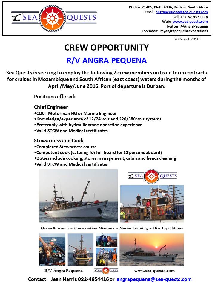 OceanSailingCT's tweet photo. CREW NEEDED Chief Engineer & Stewardess/Cook for Mozambique cruises. Details below #sailing #sailingcrew #crewneeded https://t.co/68qI63ER3t