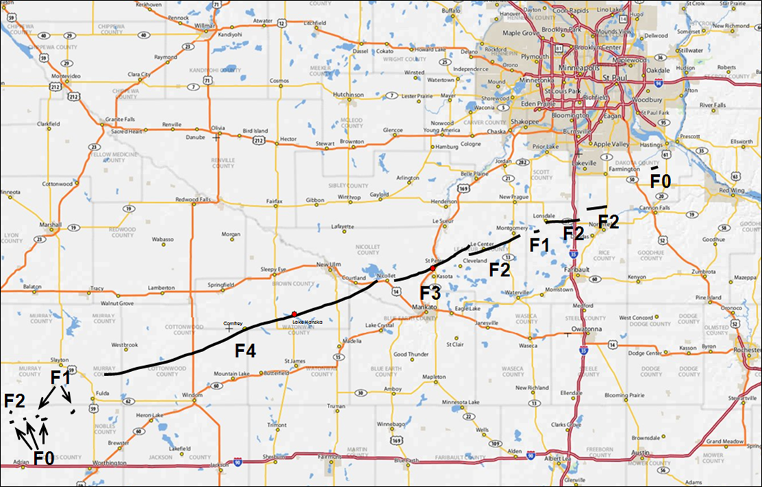 NWSTwinCities's tweet photo. The Comfrey/St. Peter Tornado on 3/29/98 was 1 of 13 tornadoes spawned by one long-lived supercell.  Map of tracks: https://t.co/T5vtAQGeBn