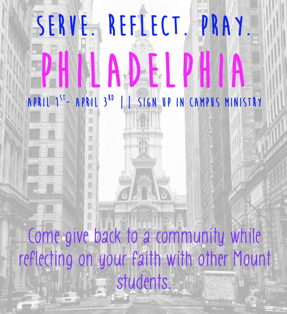 MSMUcampusmin's tweet photo. Are you all free this weekend? Do you want to go to Philly? Do you want to give back? https://t.co/mdtdIKKPo2