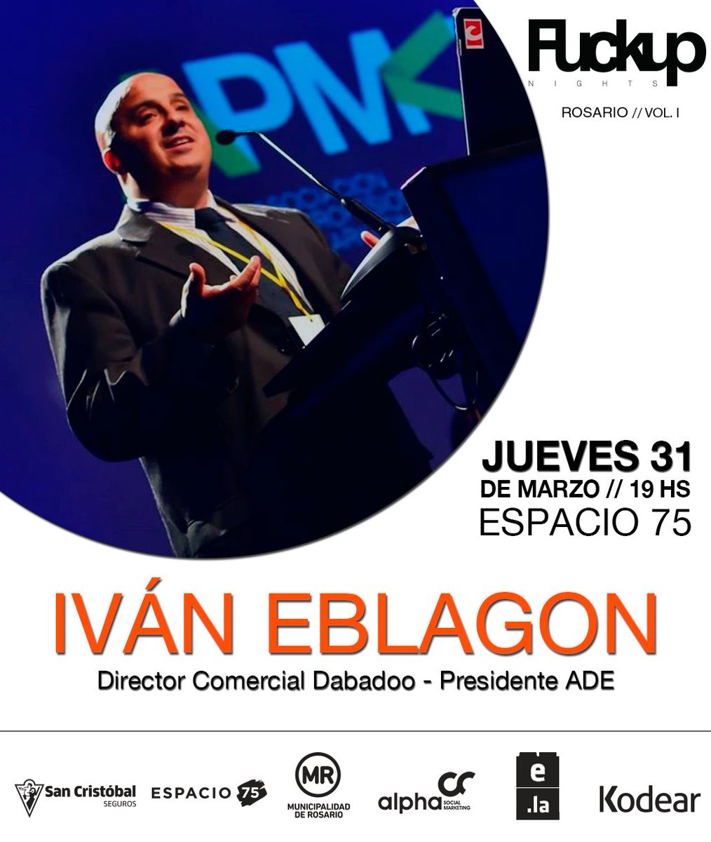 FUNightsRosario's tweet photo. ORADORES #FUNRosario → @IEblagon contaá sus historias de "fracasos" este jueves 31 a las 19hs en @Espacio75 https://t.co/tQQr2TUug5