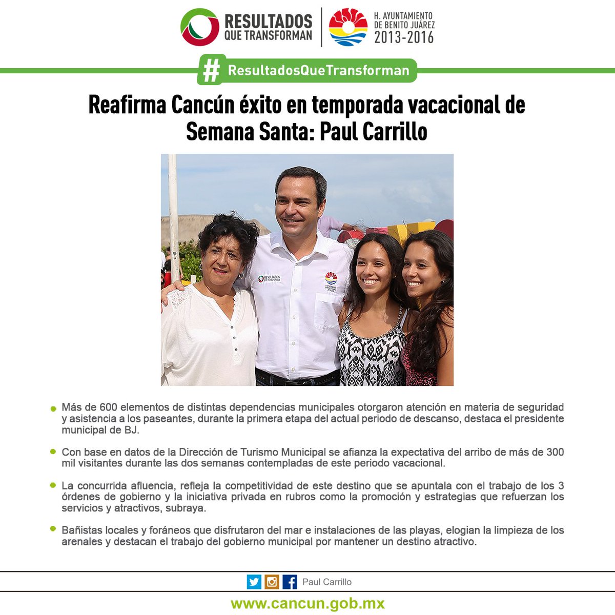 AytoCancun's tweet photo. Reafirma Cancún éxito en temporada vacacional de Semana Santa: @PaulCarrillo2. #Cancún #BenitoJuárez https://t.co/9mk83VoJsh