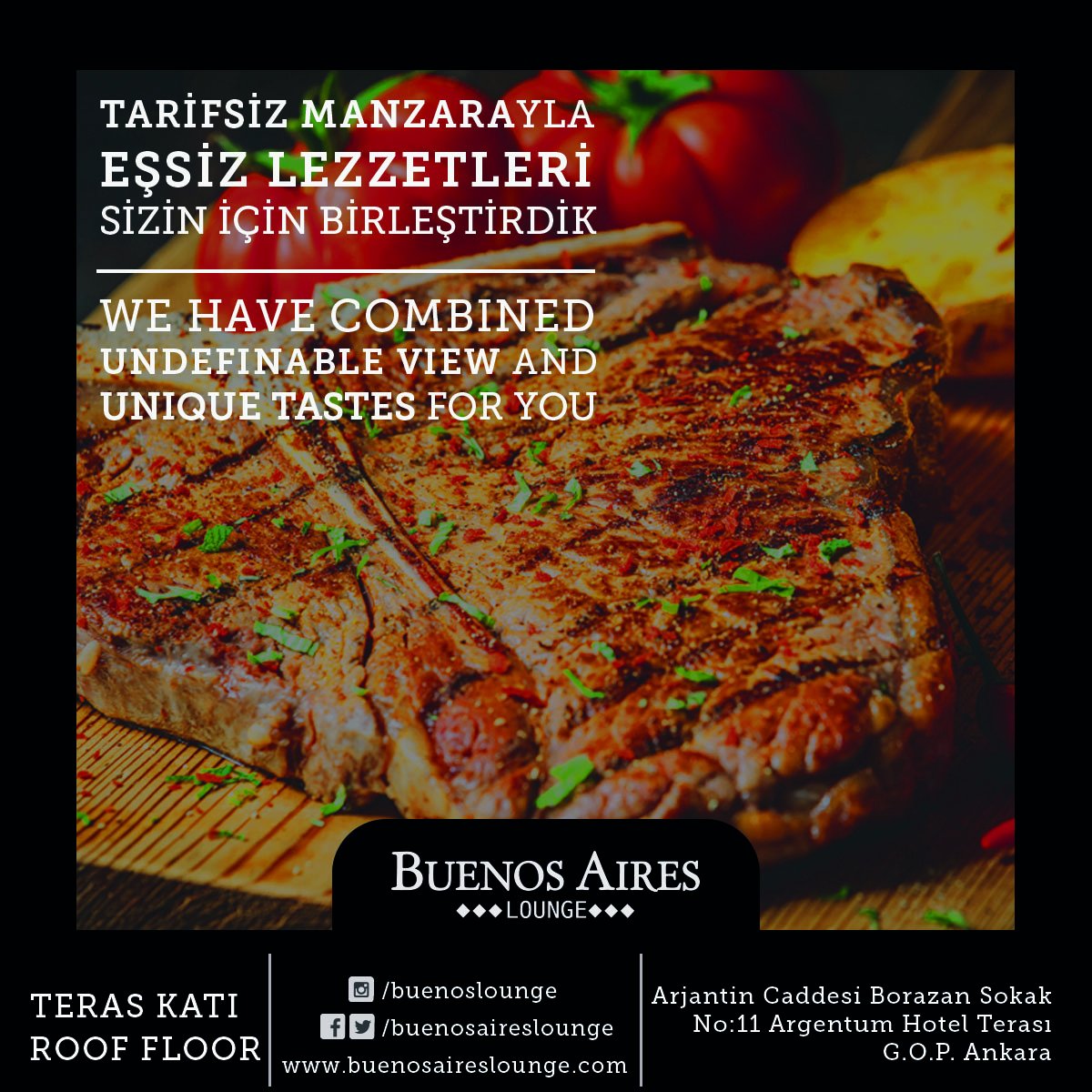 Tarifsiz Manzarayla Eşsiz Lezzetleri Sizin İçin Birleştirdik
#buenosaireslounge #ankara #arjantincaddesi