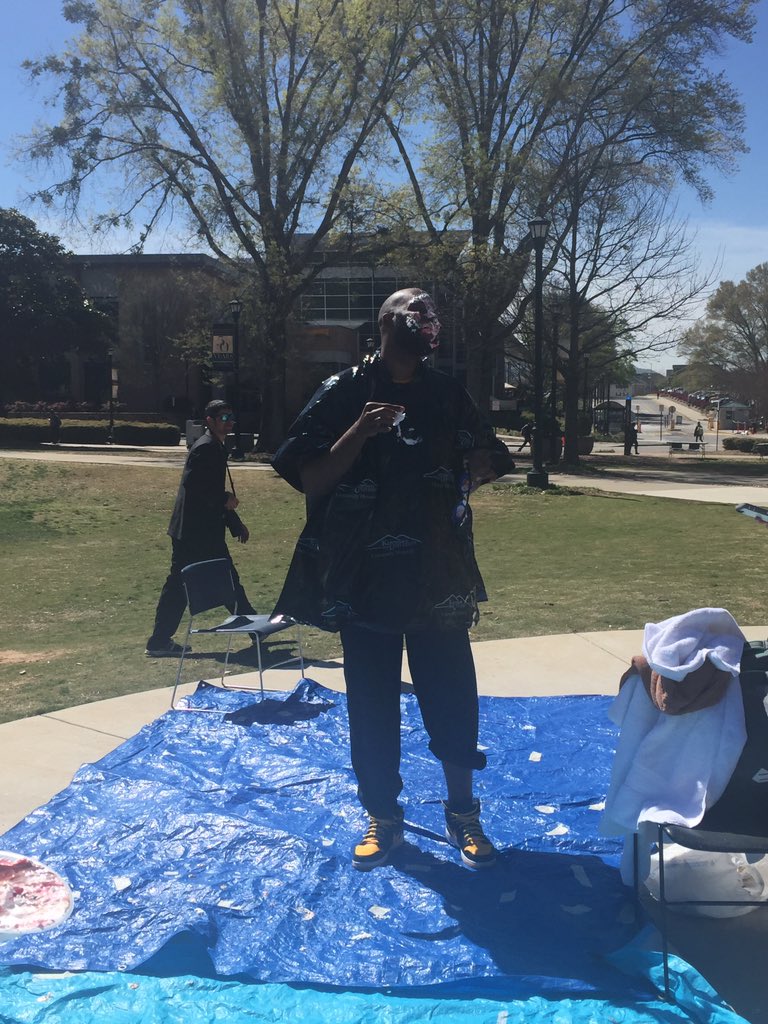 KSUIgnition's tweet image. Donald just got pied! Stop by the campus green to #pieaprof until 1pm. All proceeds go towards @KSURelay4Life