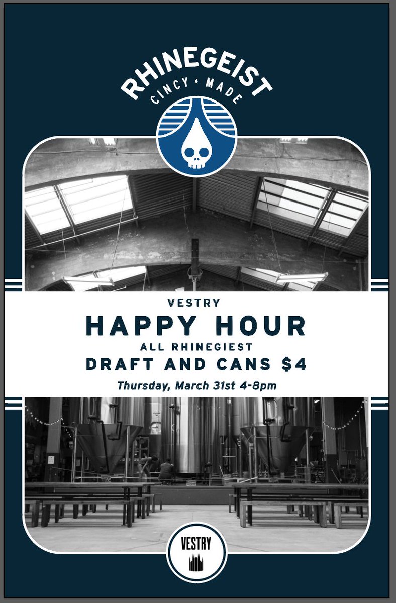 #Vestry is hosting a <a href="/rhinegeist/">Rhinegeist</a> Happy Hour with all Rhinegeist drafts &amp; cans for $4 on 3/31 4-8pm! <a href="/thetranseptOTR/">The Transept</a>