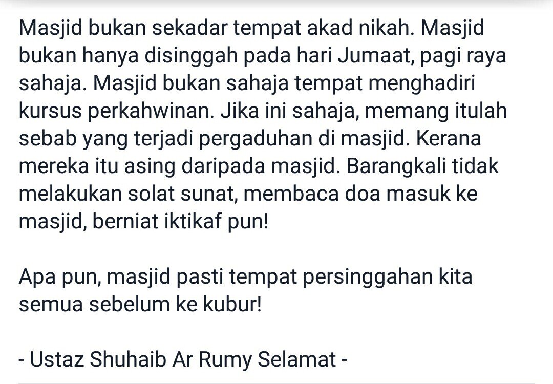 tarbiahsentap's tweet photo. Fungsi masjid bukan sekadar tempat akad nikah dan di singgah pada hari jumaat sahaja.

😢 https://t.co/Vx5imqpozw