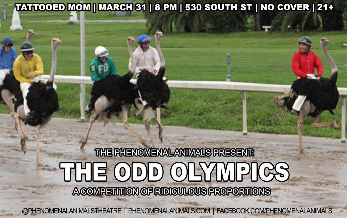 PhenomAnimals's tweet photo. THE ODD OLYMPICS! Thursday night at @Tmoms! 8pm! Very serious nonsensical competition! https://t.co/d1BDrooKT8