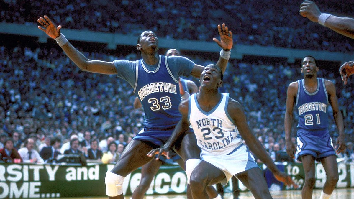 espn's tweet photo. On this day 34 years ago, a freshman named Michael hit a shot that buried Patrick Ewing's Hoyas in the title game. https://t.co/2SkyHQEM5f