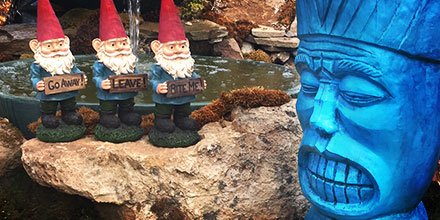 maclyngroup's tweet photo. The #BlueGuru was perusing the aisles of Wannemaker’s when he was accosted by a gang of gnomes. #TikiTuesday https://t.co/WnYirYGaxr