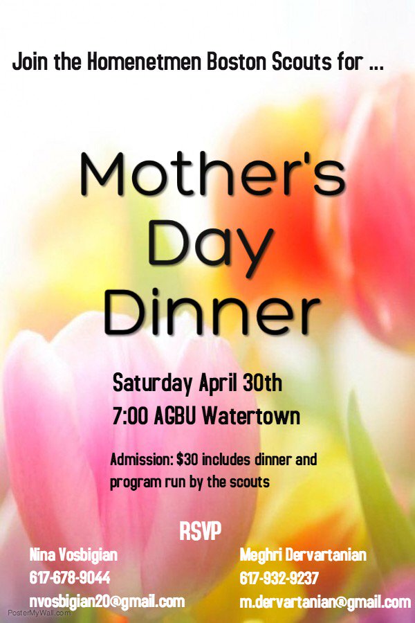 HomenetmenScout's tweet photo. Join the Boston Scouts on April 30th for a Mother's Day Dinner followed by a program run by the scouts! 💐 https://t.co/L8V3KiuHNx