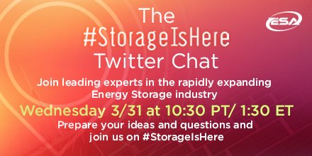 feliperacing81's tweet image. Join us tomorrow in a chat about energy storage and renewable energy. Send questions to #StorageChat #StorageIsHere