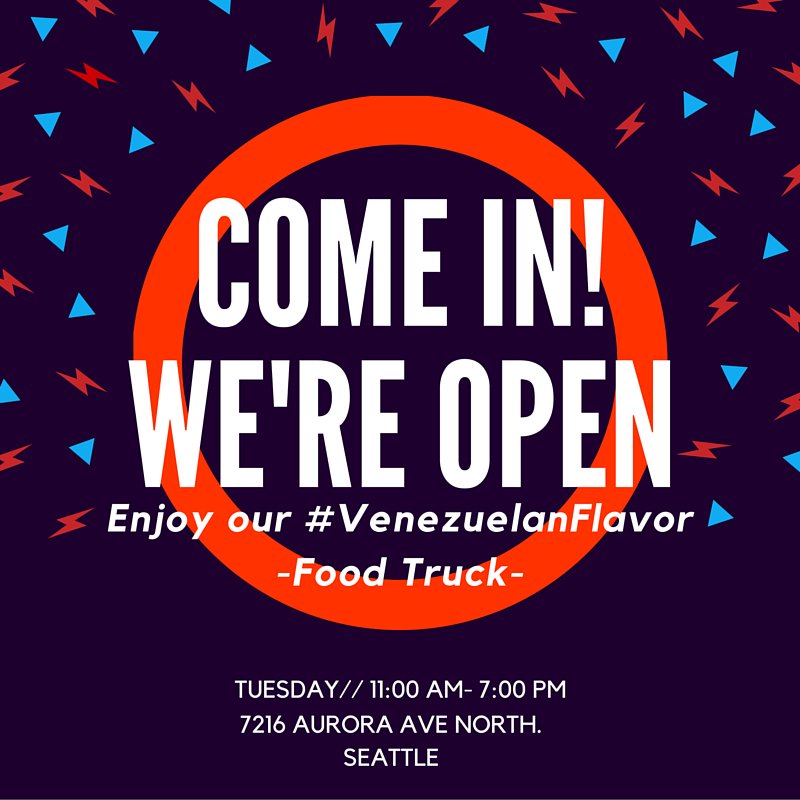 MordiscosVF's tweet photo. TODAY is the day! Come in and enjoy the #VenezuelanFlavor #FoodTruck #Seattle https://t.co/MH5x8Zb7HP