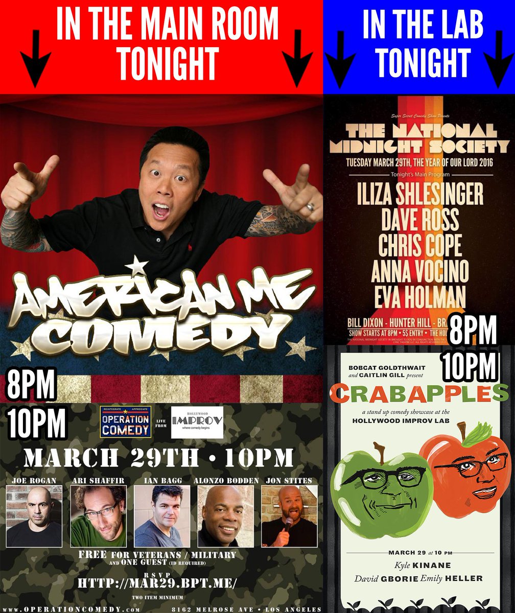 HollywoodImprov's tweet photo. TONIGHT weekly #OpenMic + Main room #AmericanMeComedy #OperationComedy Lab #NationalMidnightSociety @crabapplecomedy https://t.co/knn6jKGKaF