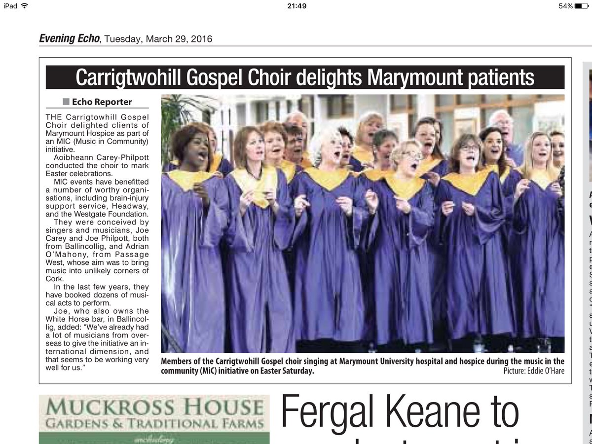 AOMahonyCork's tweet photo. Nice photo in tonight's @CorkEveningEcho and article about #musicincommunity and #carrigtwohillgospelchoir https://t.co/7IIz08lPxj