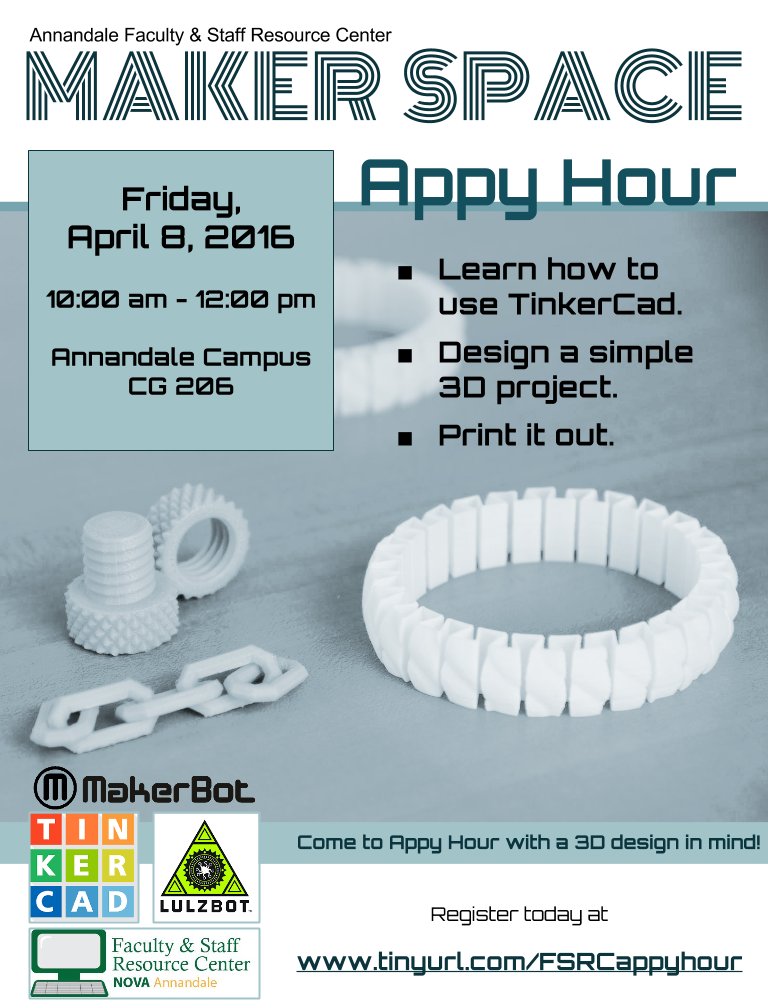 AnnandaleFSRC's tweet photo. Create a 3-D design in Tinkercad at our next Appy Hour and we'll print it out for you! Register today! https://t.co/1DcA130K2h