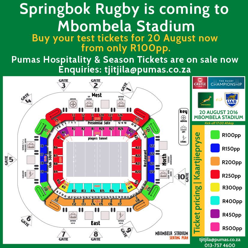 StevalPumas's tweet photo. Springbok rugby at Mbombela Stadium from only R100pp. Ticket sales opening soon. #boksupport #gopumas https://t.co/pk6EkXqxXq