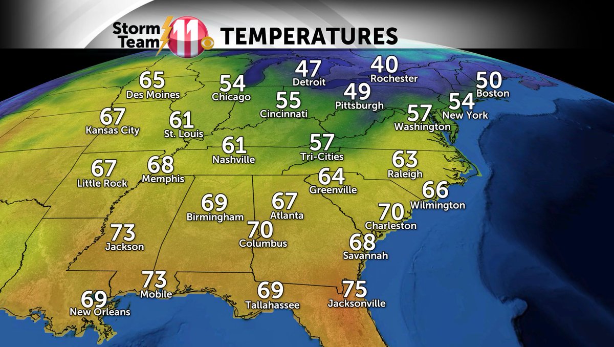 stormteam11's tweet photo. Temperatures are mild across the southeast right now!  Warmer temperatures are forecast for tomorrow. https://t.co/TSI4TTFvnS