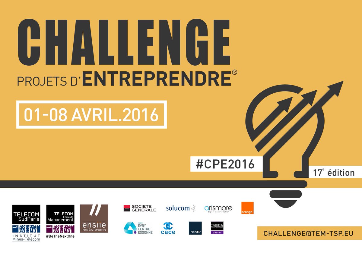 Le 17e Challenge Projets d'Entreprendre #CPE2016 démarre vendredi !  @TelecomEM <a href="/TelecomSudParis/">Télécom SudParis</a> <a href="/ENSIIE/">ensIIE</a>