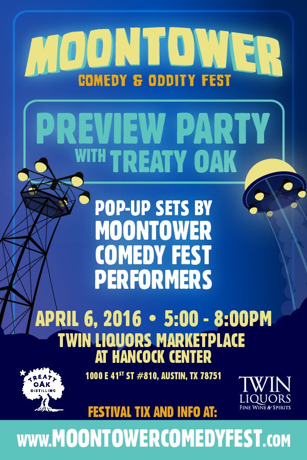 Moontower Preview Happy Hour with <a href="/TreatyOakTX/">Treaty Oak Distilling</a>, <a href="/TwinLiquors/">Twin Liquors</a>, <a href="/puddleychef/">Bob Khosravi</a>, <a href="/mattysadler/">Matt Sadler</a> &amp; @Palumbros April 6th!