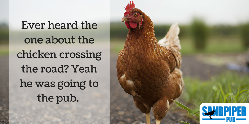 SandpiperPub's tweet photo. Ever heard the one about the chicken crossing the road? Yeah he was going to the pub. #getinhere #piperpub https://t.co/vwPUJc4IZU