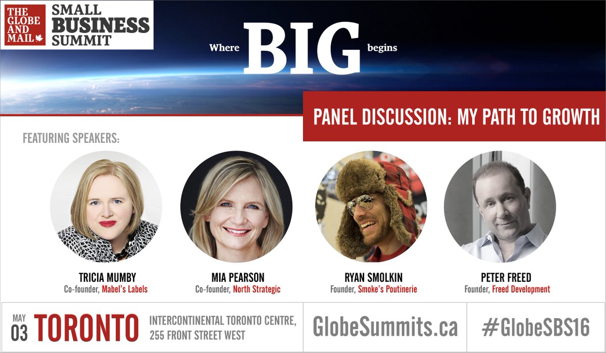 Don't miss #smallbiz leaders @freedcorp, <a href="/mumby/">Tricia</a>, <a href="/poutinerie/">Smoke's Poutinerie</a> &amp; <a href="/miapearson/">Mia Pearson</a> at #globesbs16 bit.ly/1VNeb6T