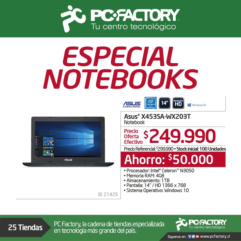 PCFactoryCL's tweet photo. #EspecialNotebook I
Vigencia del 29 de marzo al 05 de abril de 2016 o agotar stock
Info en https://t.co/MHcdJFricf https://t.co/yE9w2VucEF