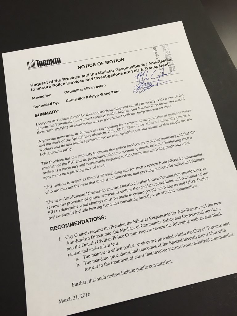 Motion with <a href="/kristynwongtam/">Kristyn Wong-Tam 🇨🇦</a> <a href="/gordperks/">Ward 4, Parkdale-High Park</a> asking Prov to review police &amp; SIU submitted for Thursday's Council #BLMTO