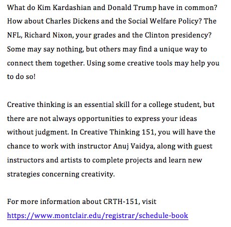 MontclairOFE's tweet photo. Some information about a great summer course on creative thinking! Check out https://t.co/rbmaZqaI9b for more info! https://t.co/m5BcbFdUVS