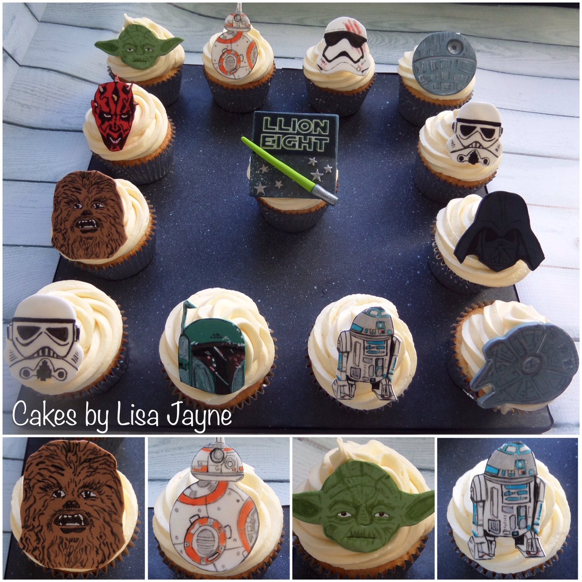 cakesbyLisaJ's tweet photo. #starwars #cupcakes with hand painted toppers #bb8 #yoda #finn #stormtrooper #darthmaul #Chewbacca #swansea https://t.co/zCZgkgUwMR
