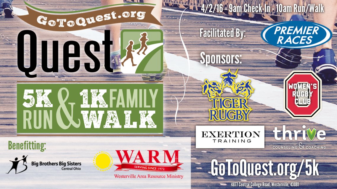 GoToQuest's tweet photo. 4 Days til the #Quest5K benefitting @WARM_1972 &amp; #BigBrothersBigSisters! https://t.co/Nj3BygvhWz #GoToQuest #RunCBUS https://t.co/LAFPRcOquv