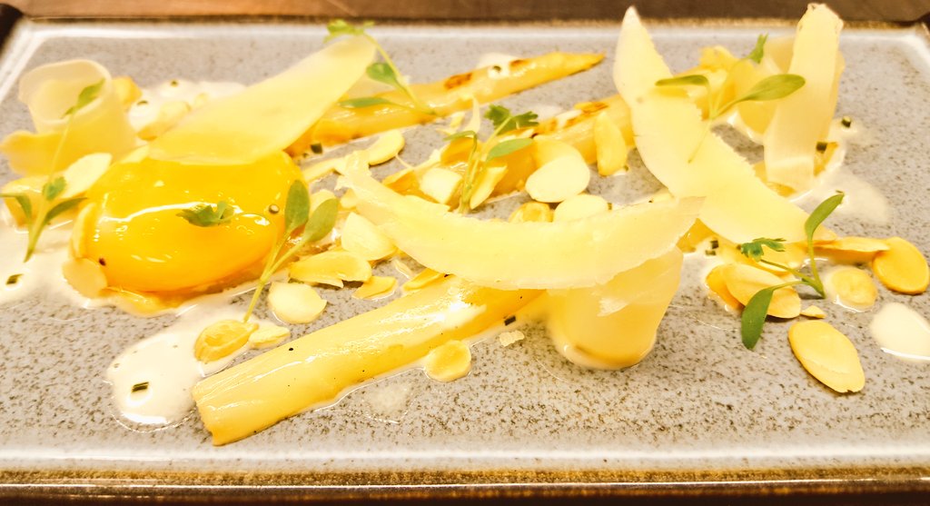 Dish of the day! White asparagus, confit yolk, berkswell, toasted almonds