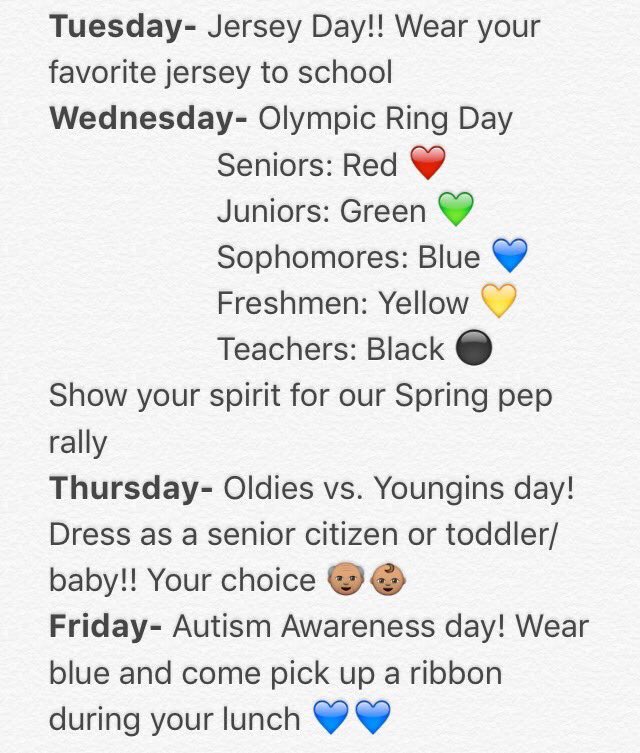 WTWCavalry's tweet photo. Tomorrow is Olympic Ring Day! Seniors: RED Juniors: GREEN Sophomores: BLUE Freshman: YELLOW Teachers: BLACK https://t.co/RwEdy6TH4Y