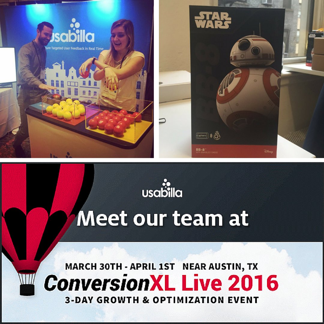 ZacONeill's tweet photo. Excited to attend #cxllive w/ @lilizabensen and @usabilla. Play "Balls of Fire" and enter to win BB-8! @conversionxl https://t.co/KemaWCtoCl