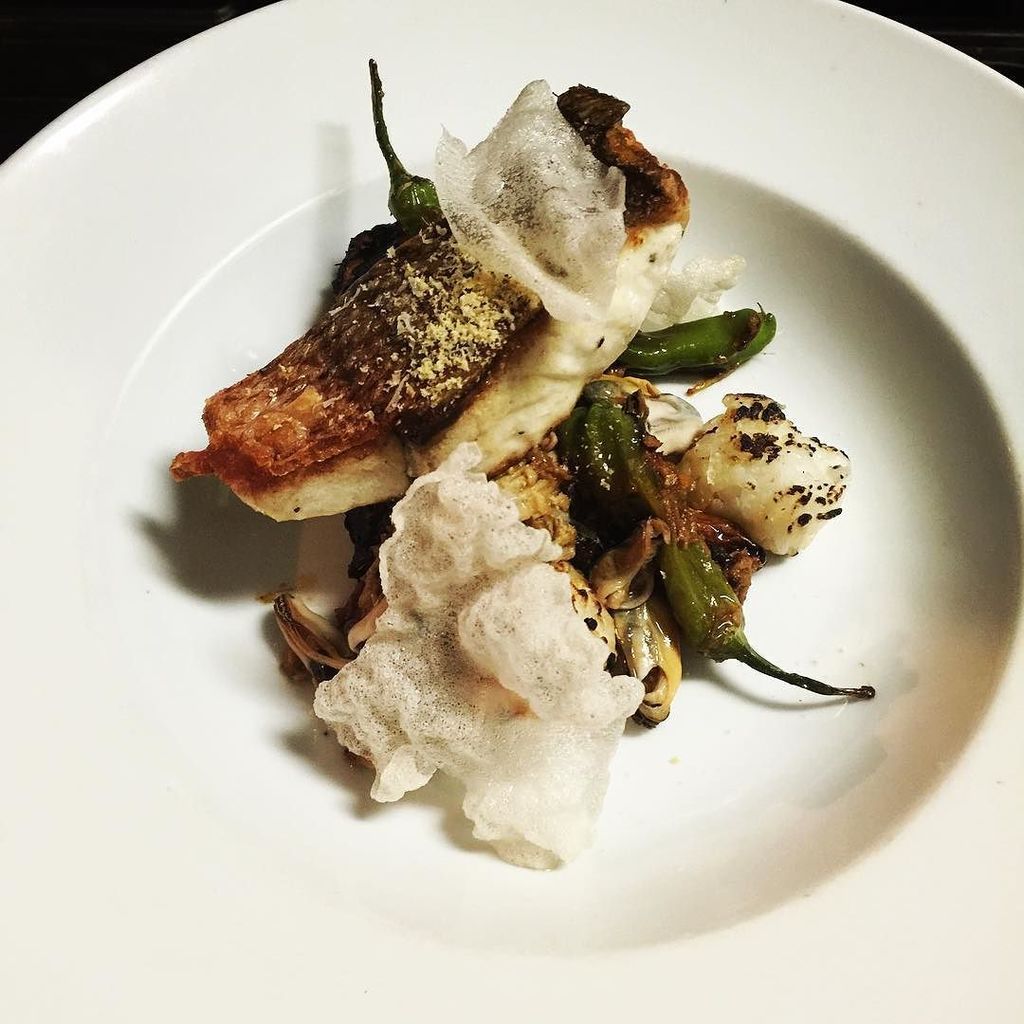 AngryBearKit's tweet photo. Wild striped bass, braised pork belly, blistered shoshitos, enoki mushrooms, cured egg, "A… https://t.co/sY5S6S35BN https://t.co/aLSsBsLjXF