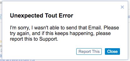 @toutapp are you guys having an outage? I keep getting the following msg. Logged out/in of gmail and tout...no dice