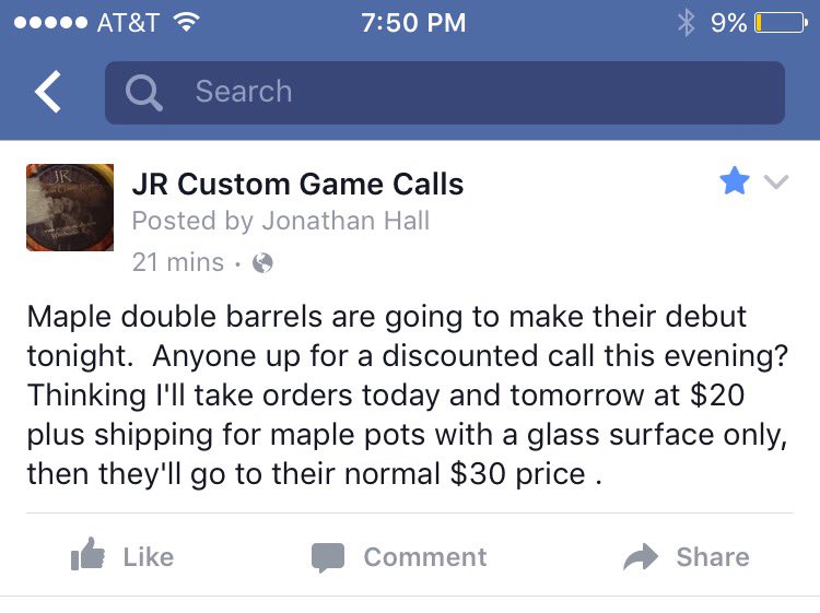 JRCustomCalls's tweet photo. Who wants one? Get them tonight and tomorrow for $20 plus shipping! #turkey calls #special #orderyours #gobblegobble https://t.co/DVQhVzUcP4
