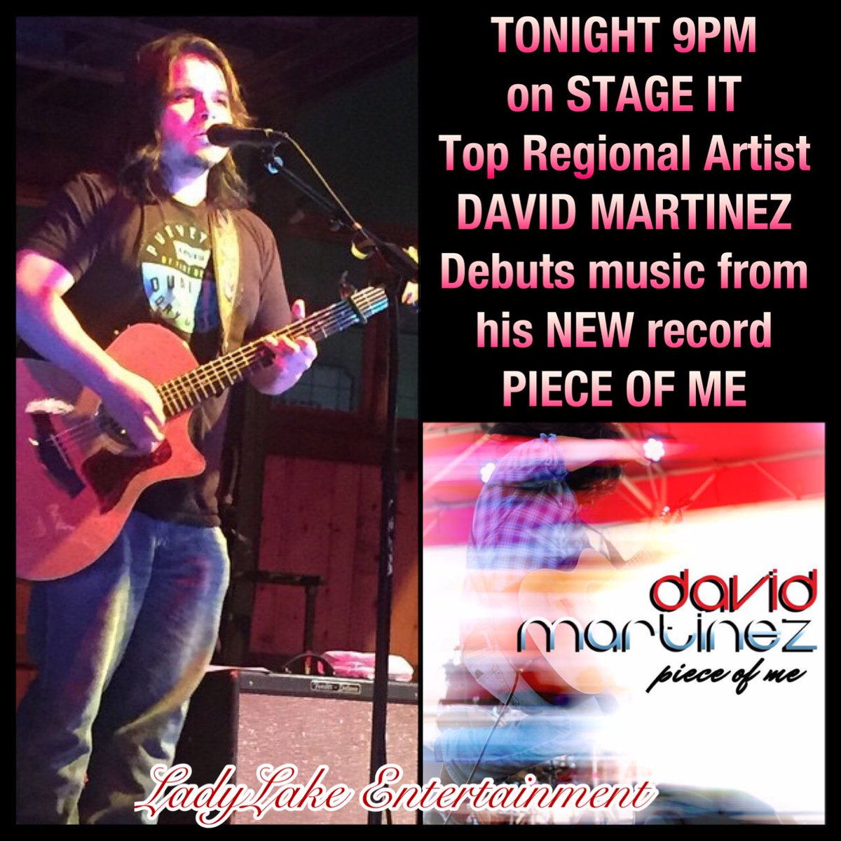💯✅ TONIGHT 9PM 
on <a href="/Stageit/">StageIt</a> 
Top #TX Regional Artist
<a href="/davidmartinezmu/">David Martinez Music</a> 
debuts 
PIECE OF ME 
ow.ly/102XTN