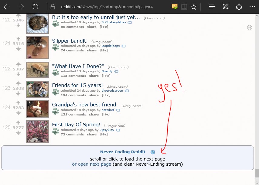 JenMsft's tweet image. Seriously loving RES&apos; never ending @reddit pages #EdgeExtensions #Windows10