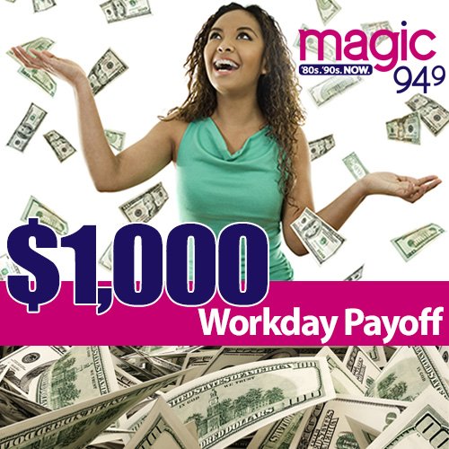 magic949's tweet photo. Congrats Paul, Lisa, Katherine, and all our other #WorkdayPayoff winners! Set ur alarm next chance at $1000 10am! https://t.co/owxrDBvQgU
