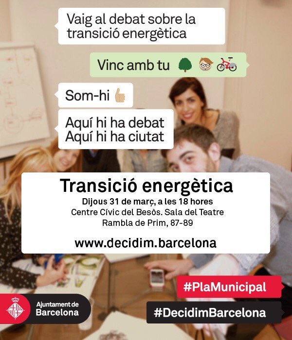 Demà, debat sobre la transició energètica. Fem la revolució energètica i #DecidimBarcelona ow.ly/101CEM