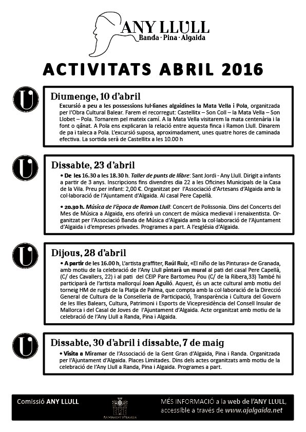 Activitats del mes d'abril a #AnyLlull a #Algaida, #Pina i #Randa