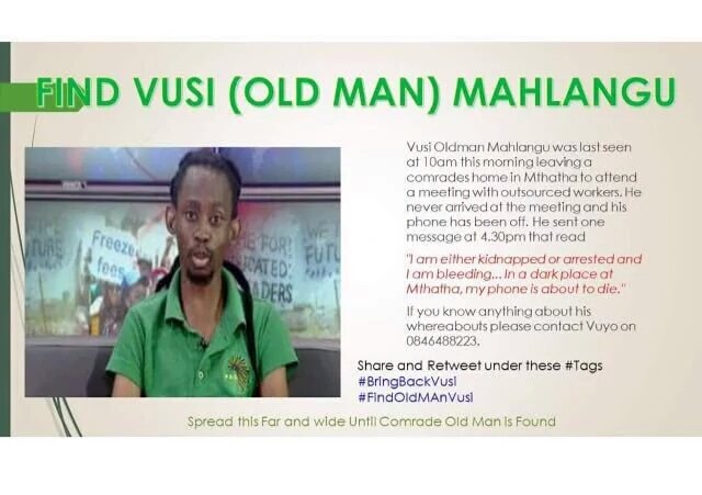 MphoKhati's tweet image. Vusi Mahlangu's life may be in danger. #bringbackvusi 

Media, please investigate.

All, please RT.