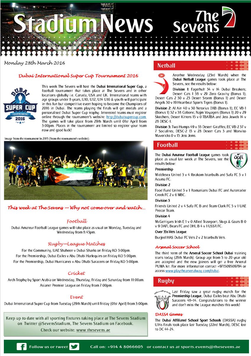 SevensStadium's tweet photo. Check our newsletter for this week: #DNL #ArsenalSoccerSchool #DubaiSuperCup #ARCHtrophy #uaerugby #DAFL #netball https://t.co/ZHpINpJLtk
