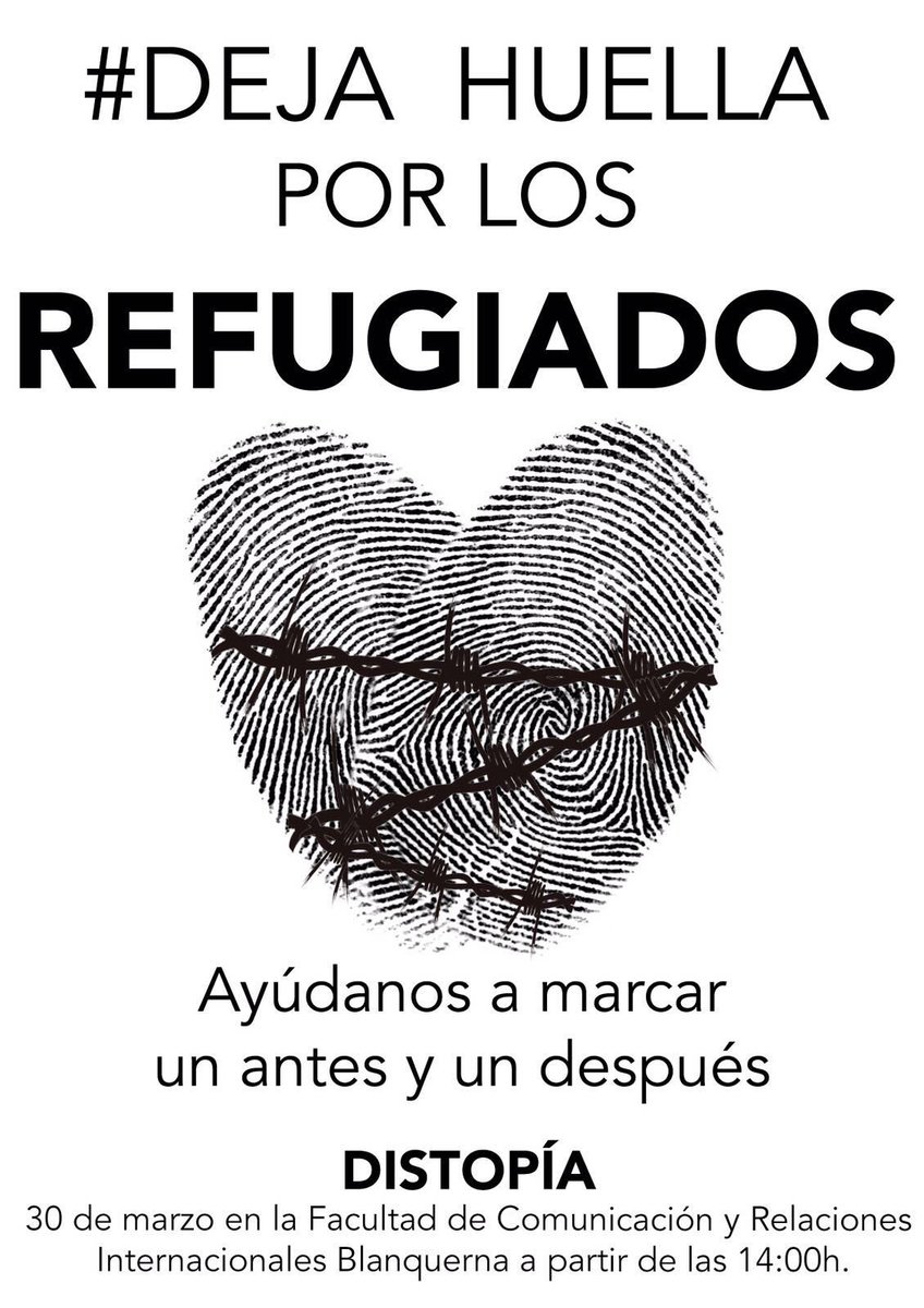 distopia_url's tweet photo. ¡HOY #DejaHuellaPorLosRefugiados!
¡¡En la @BlanquernaFCRI de 2 a 4 de la tarde!!
#DistopiaURL https://t.co/m3dY2Hncgl
