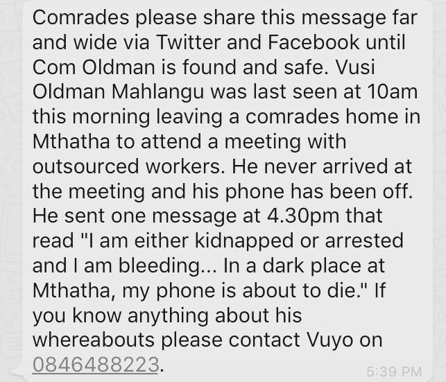 SABlackStudents's tweet image. We're still trying to locate comrade Vusi Oldmab Mahlangu, last seen eMtata.
#BringBackVusi