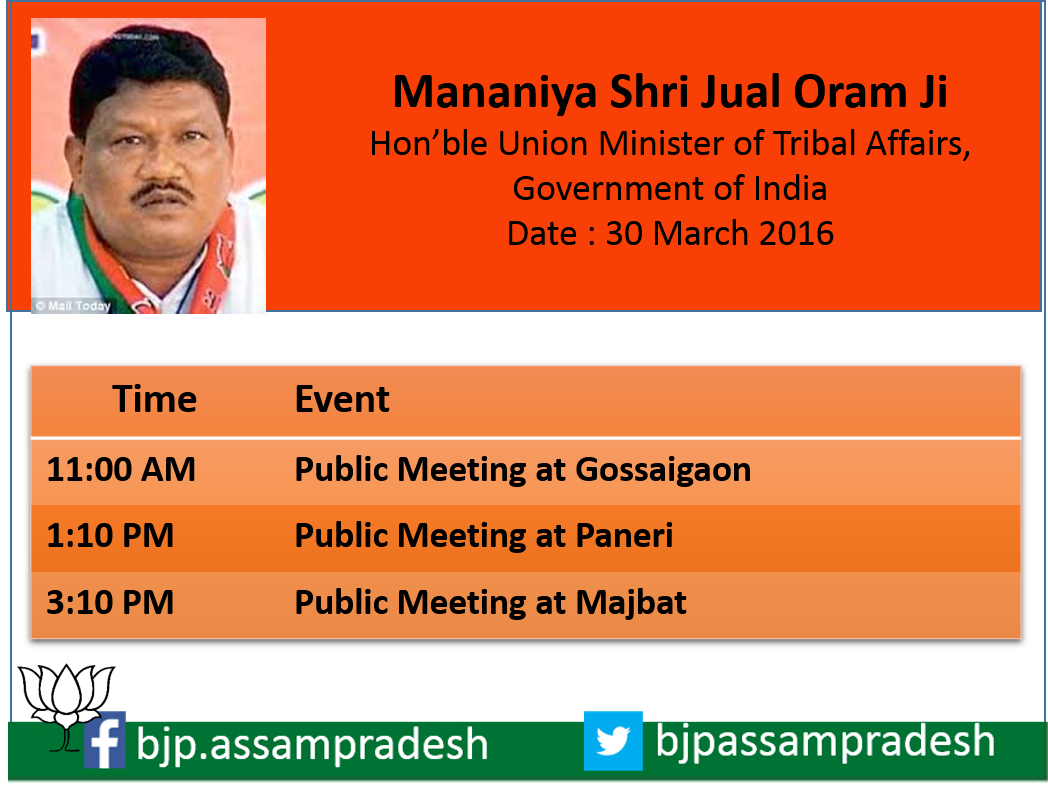 BJP4Assam's tweet photo. .@jualoram Ji will be holding election rallies at Gossaigaon, Paneri and Majbat today. #BJP4Assam #SarbaDa4CM https://t.co/9YkZCxcCpI