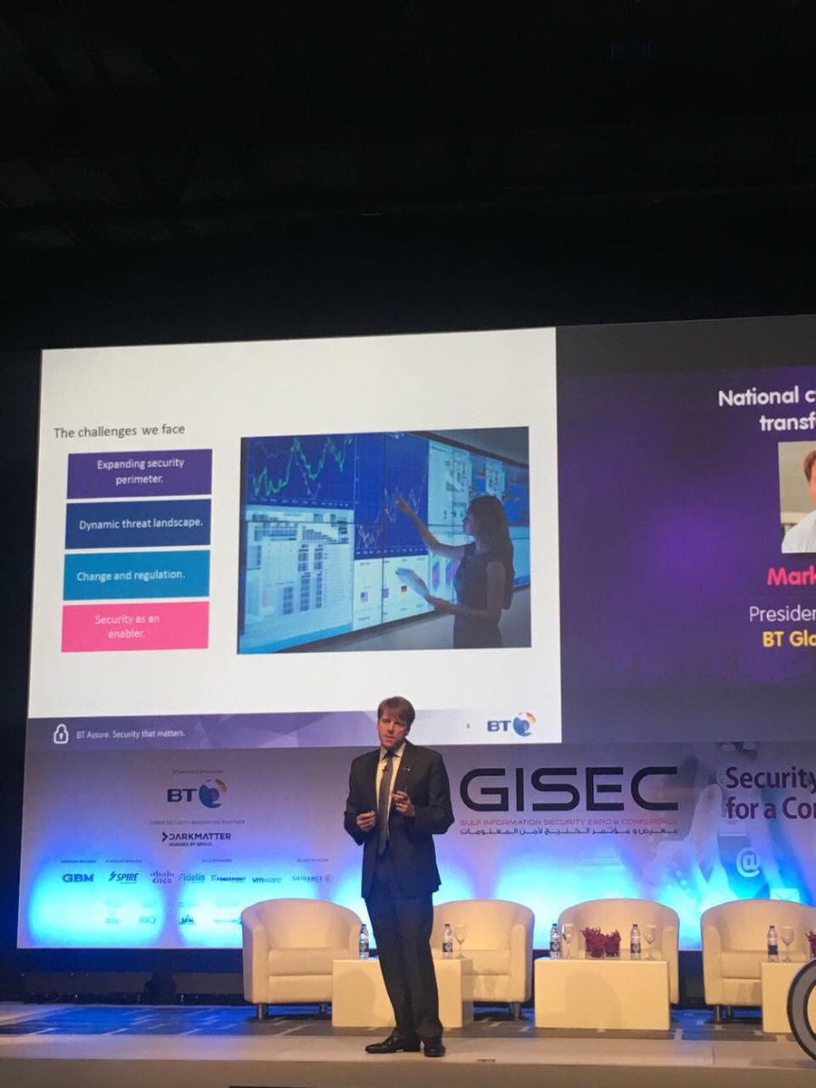 wkabbany's tweet photo. Mark Hughes, President BT Security delivering keynote speech on National Cyber Security Transformation @GISECDUBAI https://t.co/jVKRH7W4eg