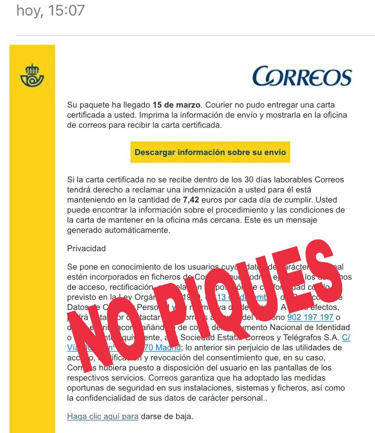 policia's tweet photo. ⚠#phishing NO piques en el anzuelo de los cibermalos, su incorrecta redacción te hará sospechar👍No cliques en enlace https://t.co/rW1OnA58pb